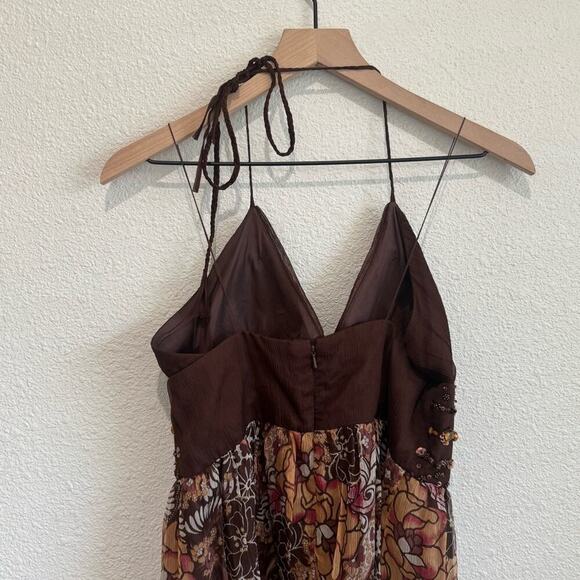 VTG Y2K Muse Silk Brown Halter Beaded Paisley Maxi Dress Whimsigoth Fairy Boho - Picture 7 of 9